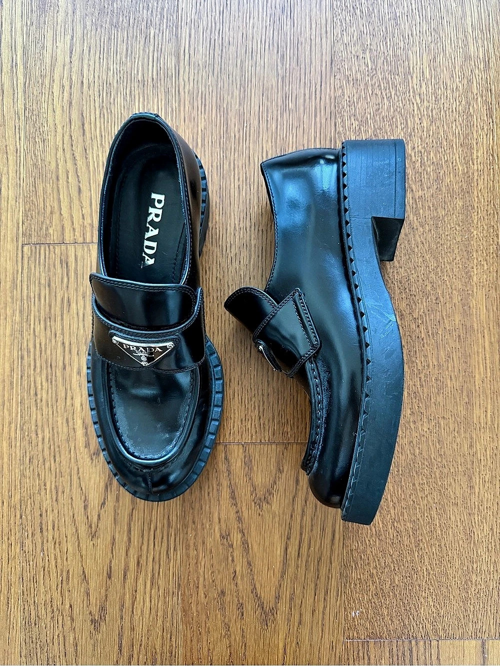 Prada Chocolate Leather Loafers Black 36.5 - Picture 3 of 4